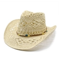 Hollow weave straw cowboy hat with beaded band for outdoor beach sun protection - M (56-58cm) / Beige