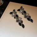Vintage style drop earrings featuring black and clear faceted zircons in a leaf design - 77# Silver Pin Rhinestone Teardrop Tassel Stud Earrings