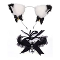 Cat ear headband and lace choker set with bells and bows in black and white finish - White/Black Cat Ears + Black Lace Choker
