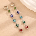 Colorful floral drop earrings with five enamel clover charms in silver finish - Silver Clover Earrings