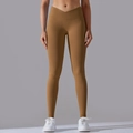 Dettaglio della vita alta incrociata sui leggings da yoga kaki senza cuciture per donna - Taglia S / Pantaloni e gonne / colore cacao