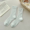 Mint green ribbed mid-calf socks with white ribbon bows in a sweet ballet style - One Size / Blue