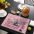 Pink Christmas placemat featuring a nutcracker and rocking horse on a dark wooden table - CD57-35