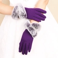 Elegant purple thermal gloves for women with faux fur cuffs and touchscreen fingertips - Fleece Chevron - Purple