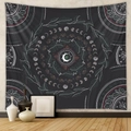 Detail of moon phase tapestry showing sun and green leaf motifs on dark grey wall hanging - Moon Phase Mandala (GT603-2) / 73X95CM Brushed Fabric