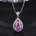 Silver necklace featuring a pink pear-cut gemstone pendant with sparkling micro-pave crystals - Pink Diamond Xl-81 [comes With Box And Chain]