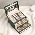 Three-layer luxury jewelry box in dark green PU leather with mirror and gold clasp - Silk Pattern Dark Green