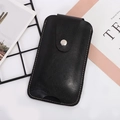 Vertical black leather phone holster with metal snap button and contrast stitching for belts - Black