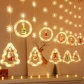 Warm white LED curtain lights with 3D Santa and reindeer figurines for indoor holiday decor - Snowflake Wish + Tree Ring [Warm White]