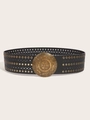 Détail de ceinture large en cuir PU noir avec boucle ronde dorée et œillets en métal - Noir (1351)