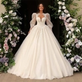 French ivory satin wedding dress with lace floral applique and sheer lantern sleeves - US 2 / White