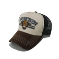 Detail of steer head embroidery on the khaki and brown mesh back trucker hat - M (56-58cm) / Beige