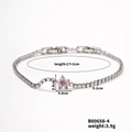 Detail view of silver bracelet with zircon chain and pink flower charm, 17+2cm length - 5-Petal Pink Flower (B00658-4)