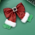Christmas red sequin hair bow with green boot elements and white plush trim - Red & Green