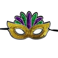 Colorful Mardi Gras sequin mask in gold, purple, and green with black ribbon ties - Mardi Gras Sequin Mask B-Tricolor Fan