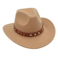 Detail of camel wool felt western cowboy hat with studded leather band decoration - One Size / Camel