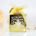 Golden laser-cut wedding favor box featuring a cross pattern and organza ribbon - 50 Pieces / Reflective Gold