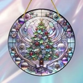 Acrylic Christmas tree hanging ornament with colorful ornaments and purple bow design - 15x15cm