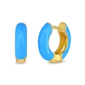 Detailed view of sky blue enamel hoop earrings with polished gold-toned metal finish - Blue