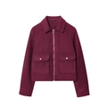 Detailed view of dark red wool-textured jacket with zipper and large flap pockets - Red