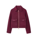 Detailed view of dark red wool-textured jacket with zipper and large flap pockets - Red