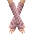 Detail of pink cable knit long fingerless gloves showing arm coverage and warm texture - One Size / Dusty Pink