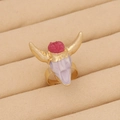 Detailed view of bohemian bull head ring featuring pink gemstone and vintage gold finish - Gold Pink Purple Bull Head (1#)