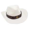 Detail of white straw cowboy hat with leather band and vintage metallic rivets decoration - White