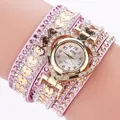 Pink wrap-around watch with heart dial and crystal-studded multi-layer suede strap - Purple
