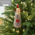 Brown plush reindeer Christmas ornament with red heart and hat, hanging on a tree - Grey Reindeer/Heart Ornament / Gray
