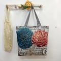 Canvas tote bag with blue floral print and Valentine's Day love text with striped handles - Two-Tone Large Flower