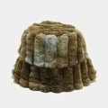 Detail of olive green faux fur bucket hat with vertical quilted stripes for winter warmth - M (56-58cm) / Army Green Brown Tie-Dye