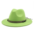 Detail of bright green wool fedora with ethnic geometric band and leather buckle - Fruit Green
