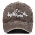 Washed dark coffee cotton baseball cap with white mountain and forest embroidery - One Size(Adjustable) / Coffee