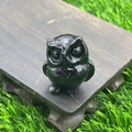 3.5cm black natural stone owl figurine on wood with a lush green garden background - Obsidian