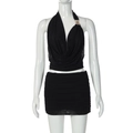 Sexy black mesh two-piece set with halter neck top and ruched bodycon mini skirt - S / Black