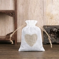 White linen drawstring jewelry bag with brown heart patch and natural hemp rope - 8*10cm / Pure White