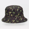 Black bucket hat featuring neon green, purple and orange skull mushroom graffiti print - M (56-58cm) / Fluorescent Skull Mushroom Black (#25)