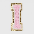 Pink chenille letter I patch with gold glitter borders for passport covers - Letter I