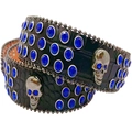 Black crocodile leather belt with blue rhinestones and silver skull buckle in Y2K style - Black Belt Blue Rhinestone Skull