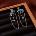 Silver drop earrings with green flower petals and long metal chain tassels - Silver Needle-Silver-Green Petal Tassel(47#)