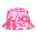 Pink and white tie-dye bucket hat featuring white star patterns and reinforced stitching - Rose Red