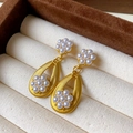 Vintage matte gold earrings with zircon, pearl clusters, and water drop pendants - 48# Matte Gold Pearl Teardrop (Silver Earring Post)