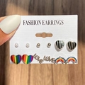 Set of 6 pairs of colorful alloy stud earrings including rainbow hearts and LOVE letter motifs - 30 White K (11410)
