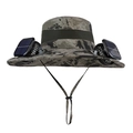 Chapeau de soleil à double ventilateur solaire, motif camouflage et mesh respirant - Encre Khaki (12cm Large Bord Double Ventilateur)