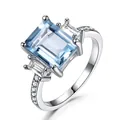 Three-stone 925 sterling silver ring with rectangular aquamarine blue gem and side diamonds - Size 5 / Rectangular Three-Stone Style (RUJ078B-1) / Aquamarine Blue