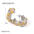 Orecchini a cerchio a C bicolore in acciaio con trama argentata e motivi floreali oro - Base Argento con Fiori Oro / Mix Argento-Oro