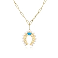 Gold horseshoe necklace with blue gemstone and white pearls on long link chain - White