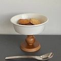 Coupe à dessert rétro en céramique blanche avec socle en bois de style français - Bol à pied haut (12.5*10.5cm) / Marron