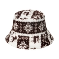 Sombrero de felpa con patrones de renos y copos de nieve sobre piel sintética blanca - café
